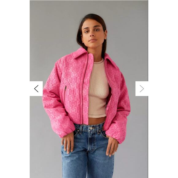 Urban Outfitters‎ UO Femme Embossed Jacket Sz Medium Pink Puffer Full Zip Peace - Picture 1 of 16